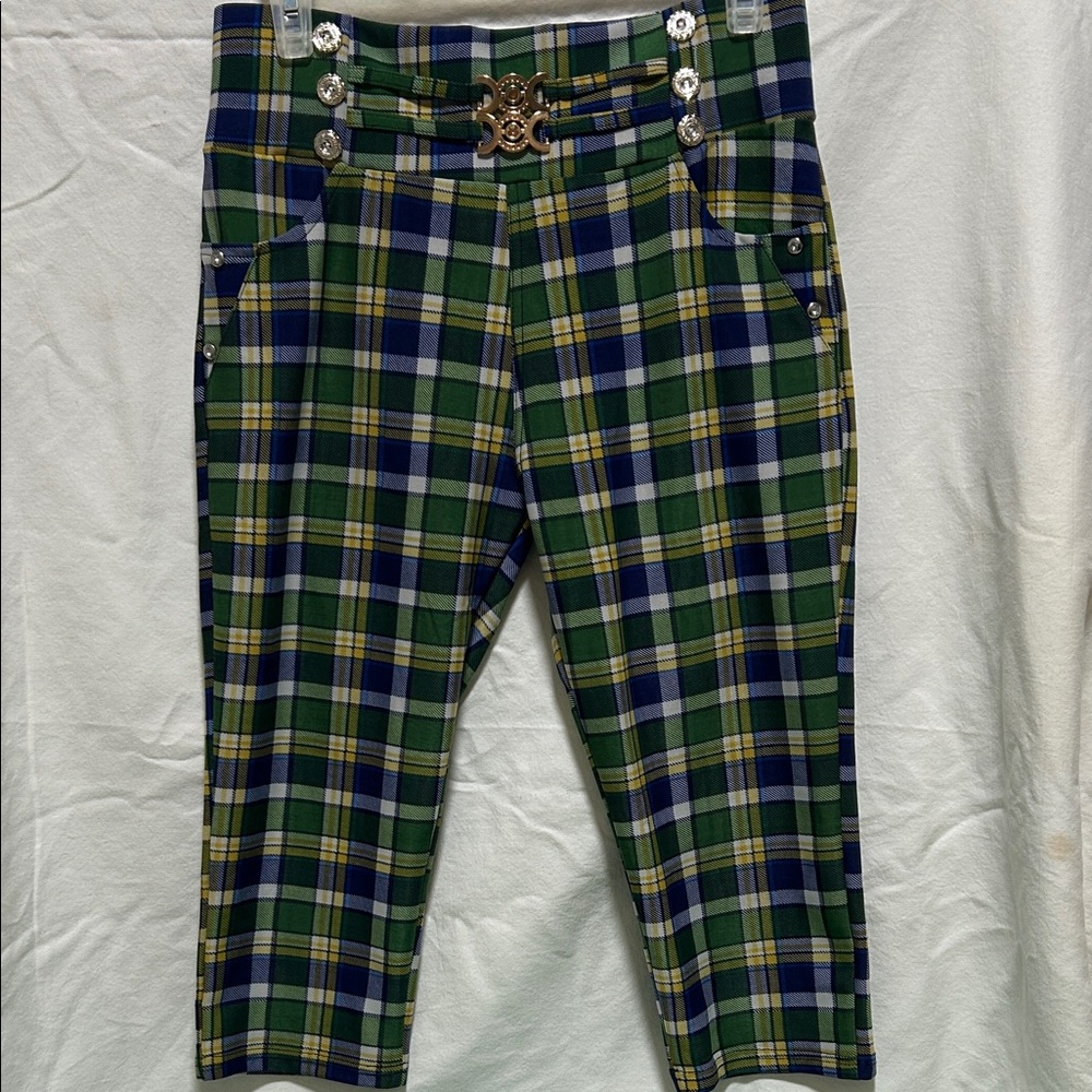 Green & Navy Plaid Cropped Pants